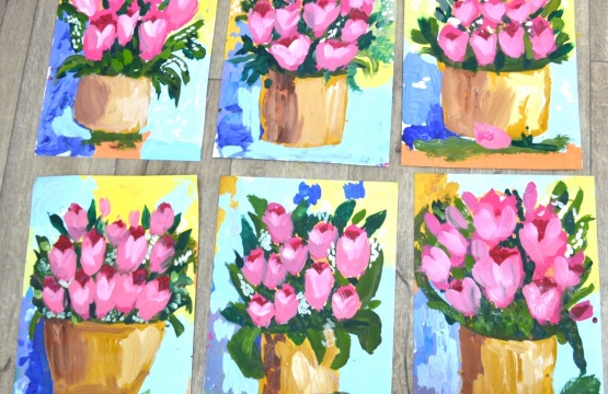 Рисуем гуашью картину "Тюльпаны в корзине". Картины гуашью в студии "Рыжий Лис"