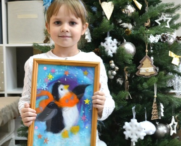 Картина шерстью "Пингвинчик на Севере". Мастер класс в студии творчества "Рыжий Лис"